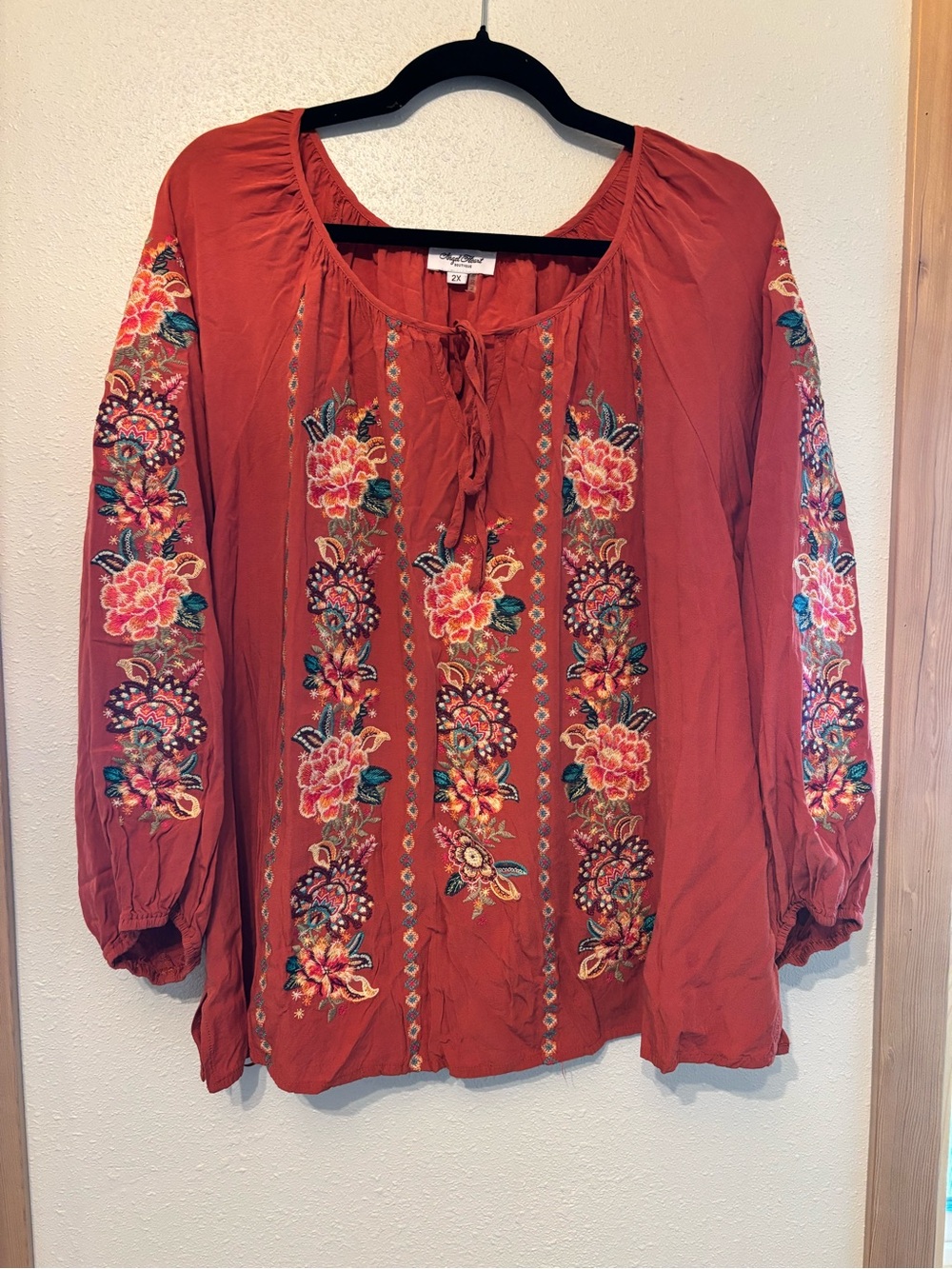Angel Heart Boutique Embroidered Boho Blouse in Rust with Tie Neck 2X
0077S